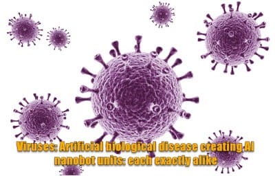 Viruses: Artificial biological disease creating AI nanobot units: each exactly alike